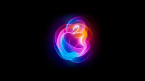 A colorful, glowing Apple logo with vibrant light streaks on a dark, black background.